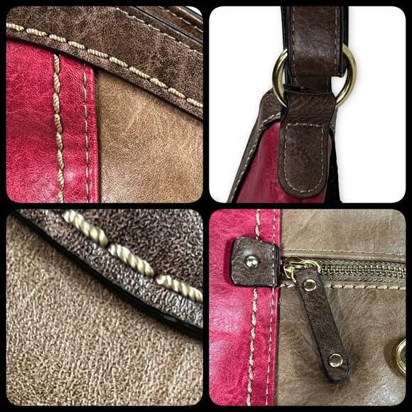 B.O.C. Cross Body Shoulder Bucket Bag Tote Purse Phone Charger Holder Red Brown - Picture 5 of 12